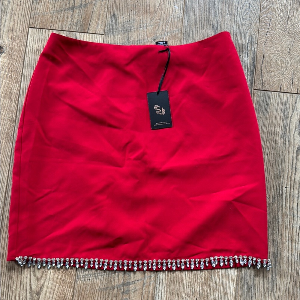 ✨MY KINK IS KARMA✨Elegant Red Skirt with Beaded/Rhinestone Hem Size L